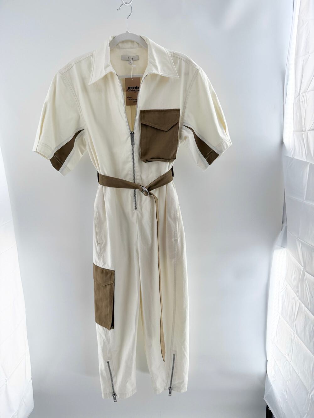 Tibi Colorblock Short Sleeve Straight Leg Belted Utility Jumpsuit Cream Brown 4